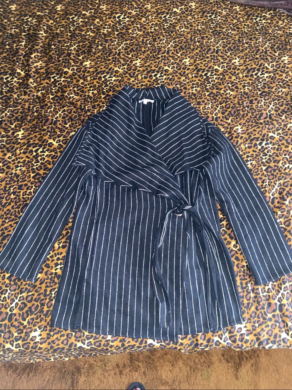 FAVLUX Women’s Black and White Pinstripe Wrap Trench Coat